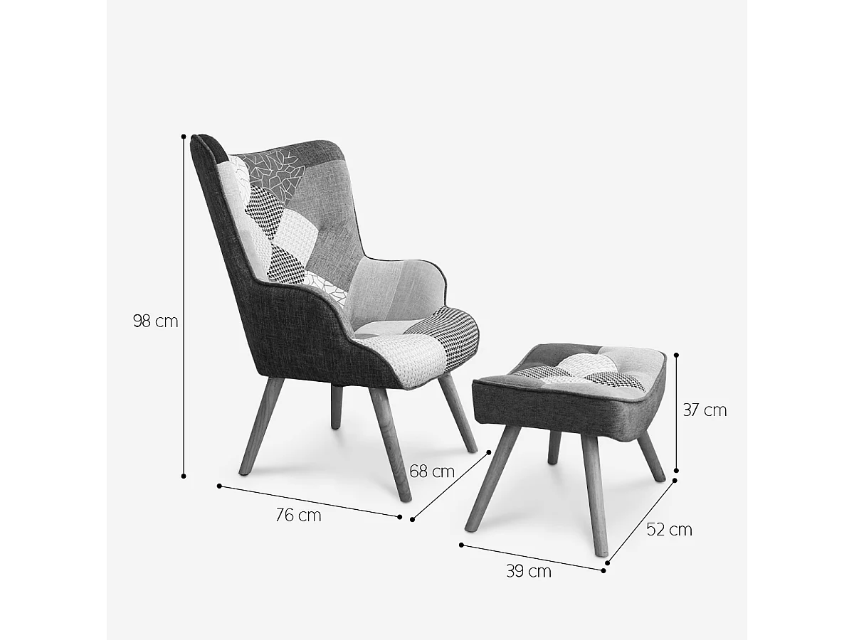Fauteuil patchwork design moderne avec pouf repose-pieds Patchy Plus