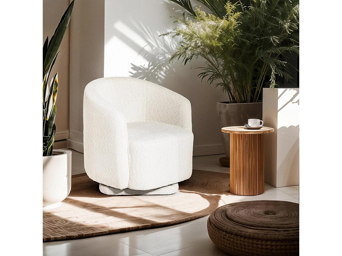 Poltrona in tessuto bouclé per soggiorno salotto moderna girevole Orav - Bianco