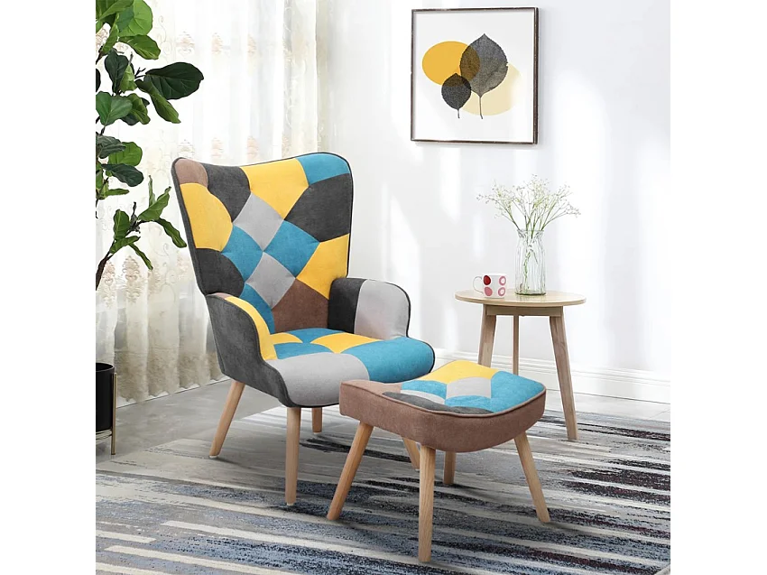 Set poltrona patchwork + pouf poggiapiedi stile scandinavo Chapty Plus - Patchwork 2
