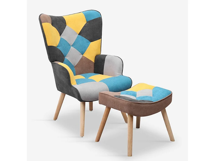 Set sillón patchwork + puf reposapiés estilo escandinavo Chapty Plus - Patchwork 2