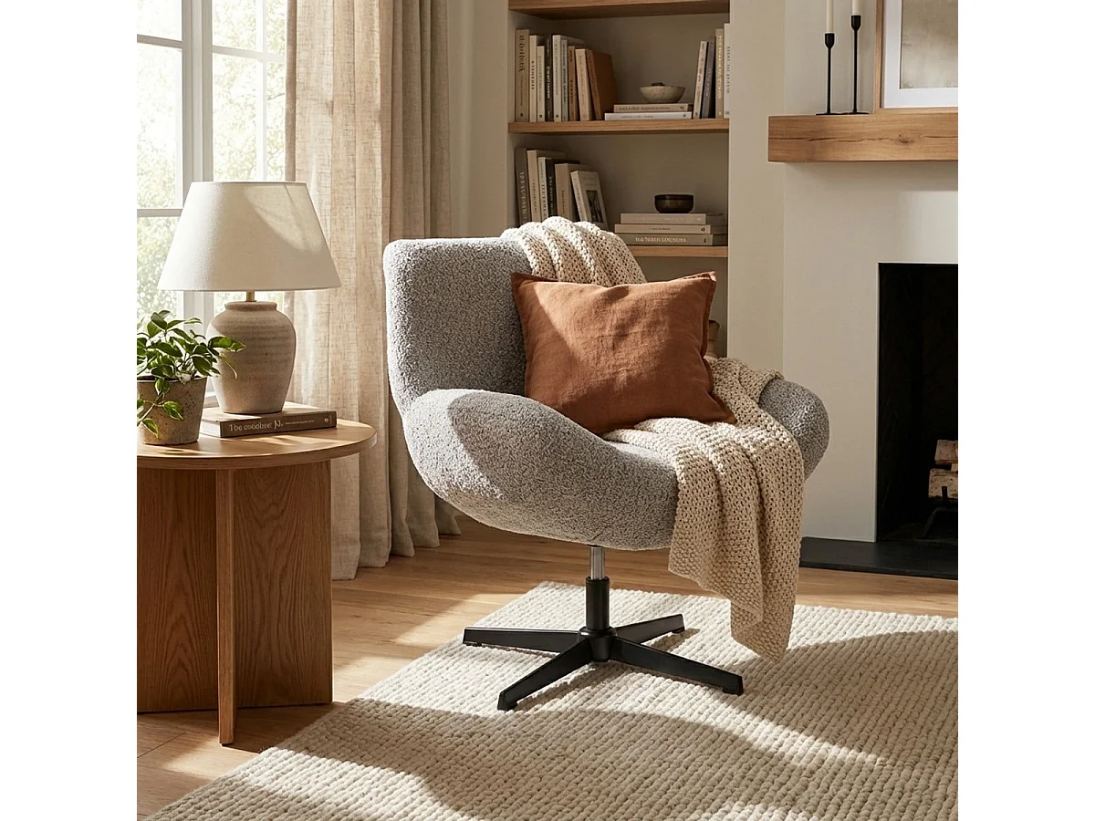Sillón giratorio elegante de tela bouclé para sala salón y despacho Lehm - Gris