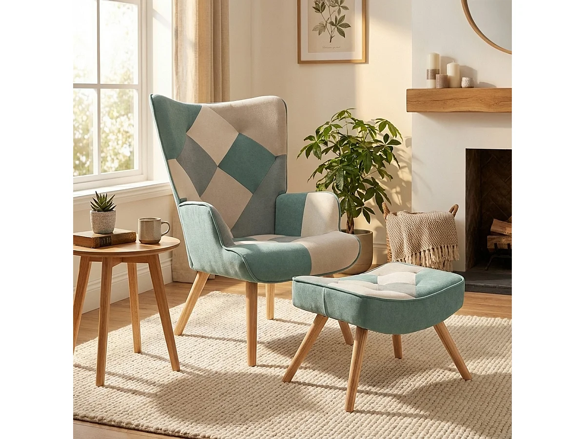 Set sillón patchwork + puf reposapiés estilo escandinavo Chapty Plus - Patchwork 1