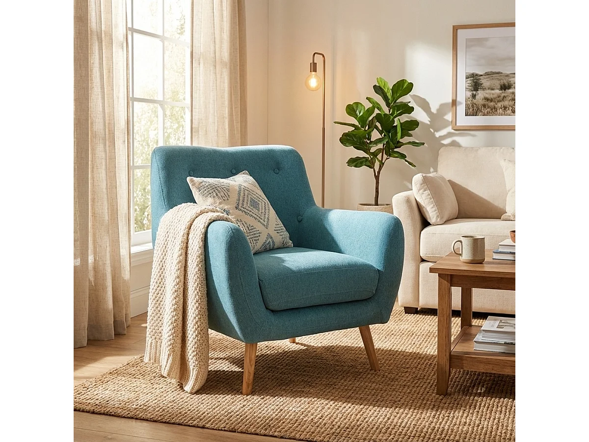Sillón salón diseño moderno estilo nórdico de madera y tejido Modesto - Azul Marino