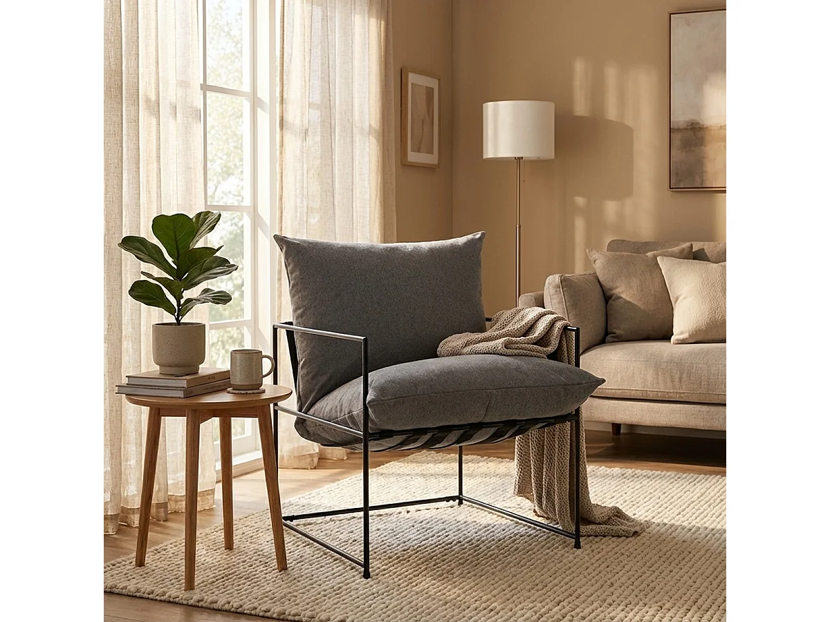 Fauteuil design moderne en tissu style minimaliste métal noir Alaska - Gris foncé
