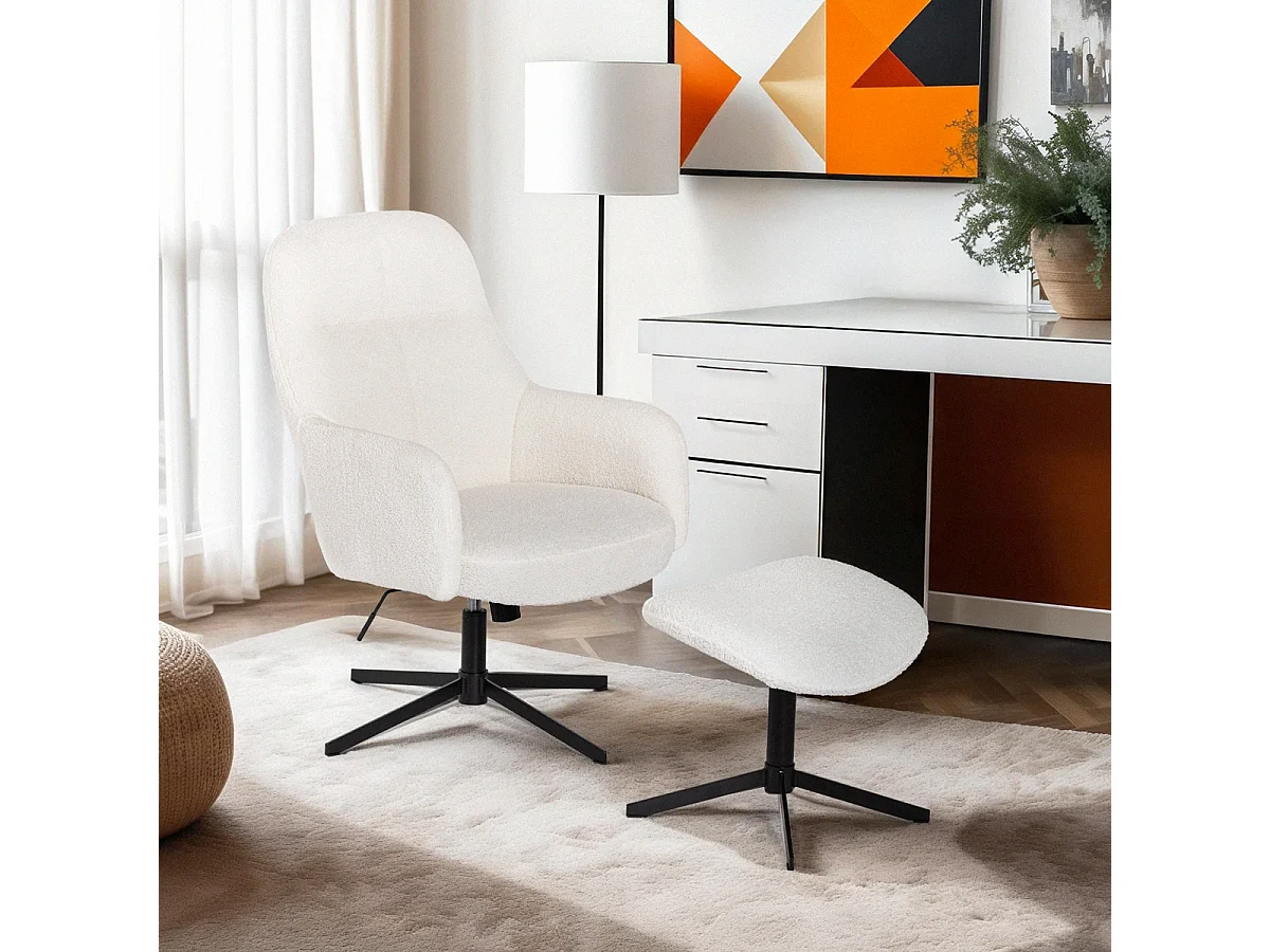 Sillón con reposapiés de tela bouclé color blanco para salón y oficina Shiro