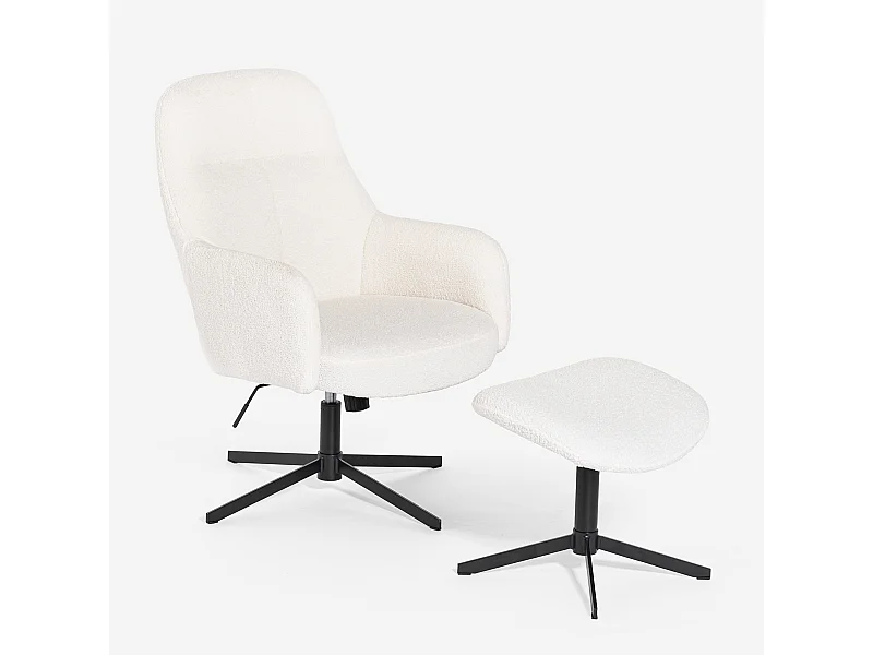 Sillón con reposapiés de tela bouclé color blanco para salón y oficina Shiro