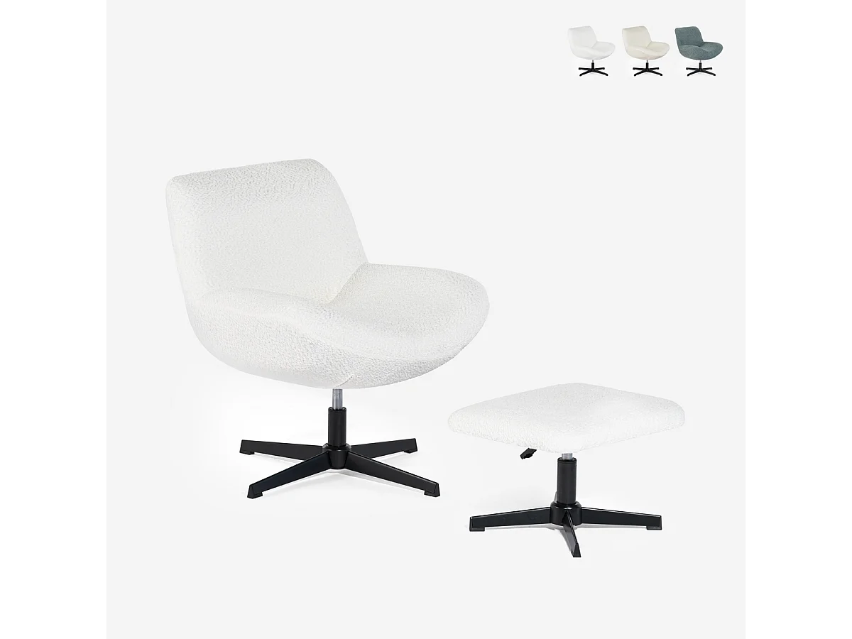 Sillón giratorio ergonómico para salón de tela bouclé con reposapiés Janes - Blanco