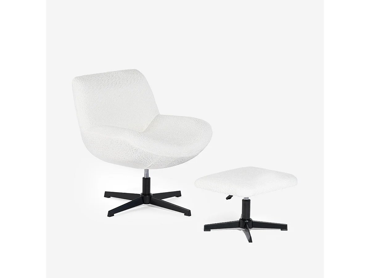 Sillón giratorio ergonómico para salón de tela bouclé con reposapiés Janes - Blanco