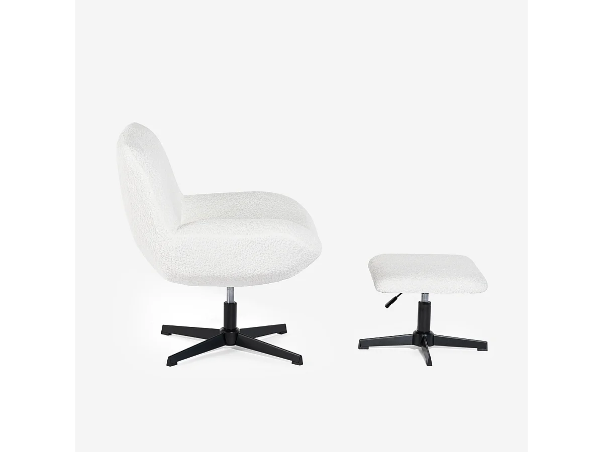 Sillón giratorio ergonómico para salón de tela bouclé con reposapiés Janes - Blanco