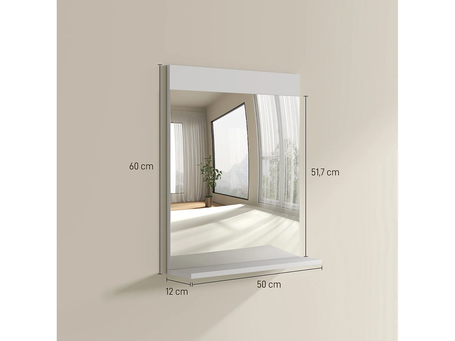 Miroir de salle de bain mural avec étagère intégrée - dim. 50 x 12 x 60 cm - blanc