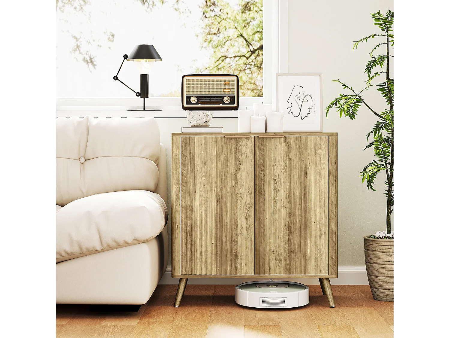 Buffet sur pieds design effet bois façade cannelée - 2 portes, étagère - dim. 77 x 40 x 81 cm