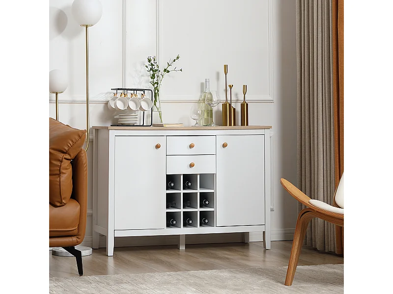 Buffet 2 tiroirs 2 portes étagères réglables range-bouteilles 9 bouteilles blanc effet bois