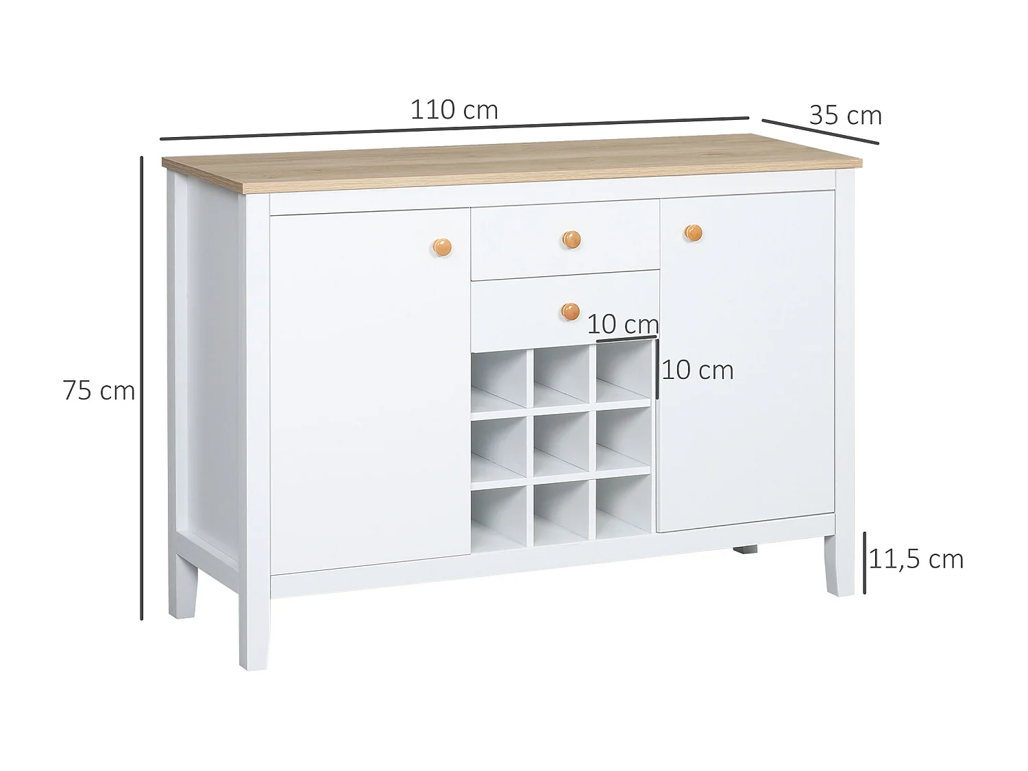 Buffet 2 tiroirs 2 portes étagères réglables range-bouteilles 9 bouteilles blanc effet bois