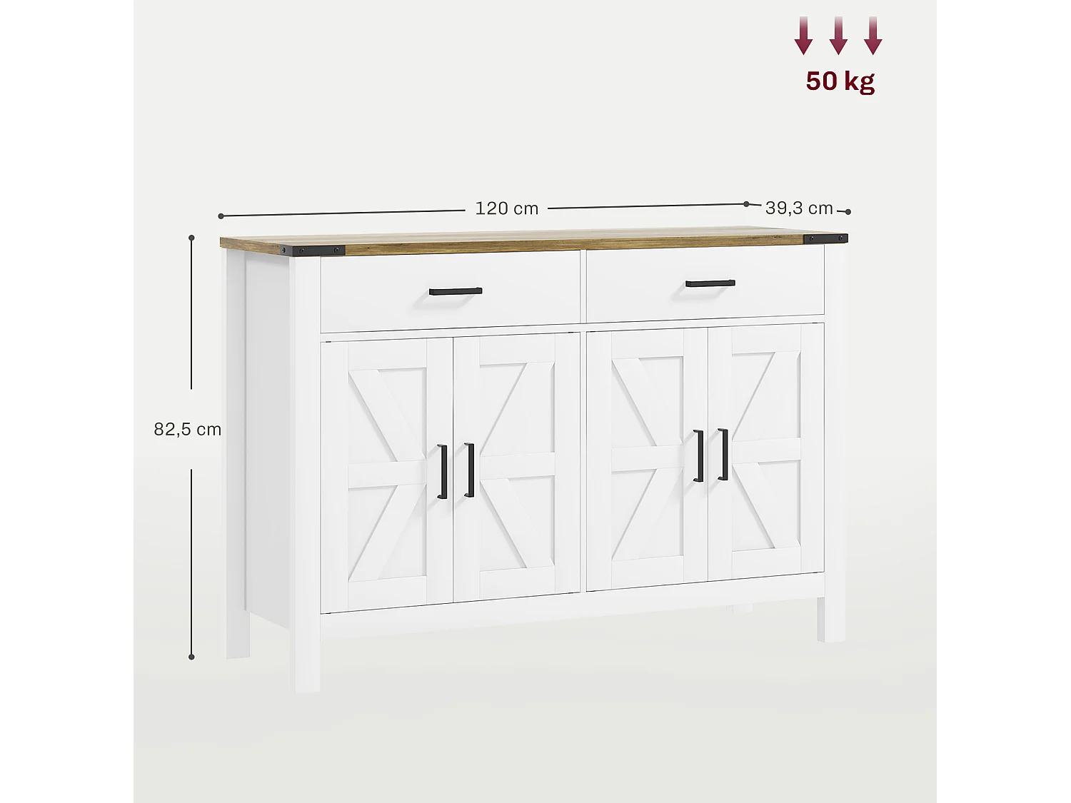 Buffet style rural chic 4 portes façades croisillons 2 étagères 2 tiroirs - dim.120 x 39,3 x 82,5 cm - métal noir effet bois blanc