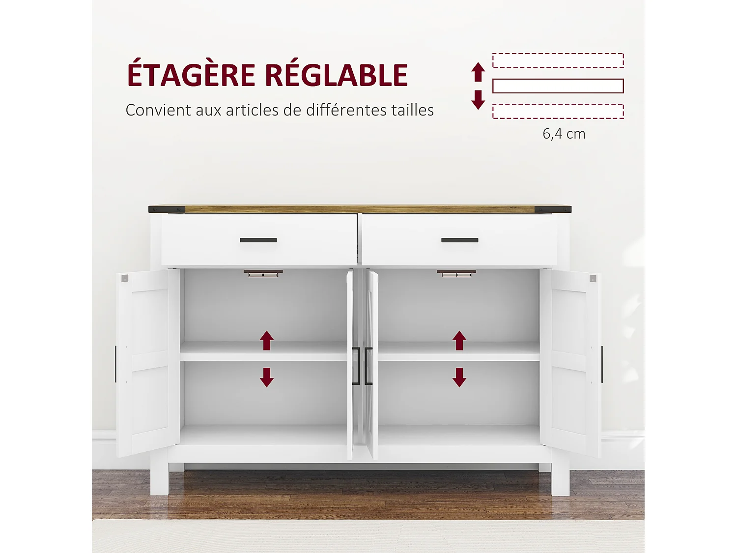 Buffet style rural chic 4 portes façades croisillons 2 étagères 2 tiroirs - dim.120 x 39,3 x 82,5 cm - métal noir effet bois blanc