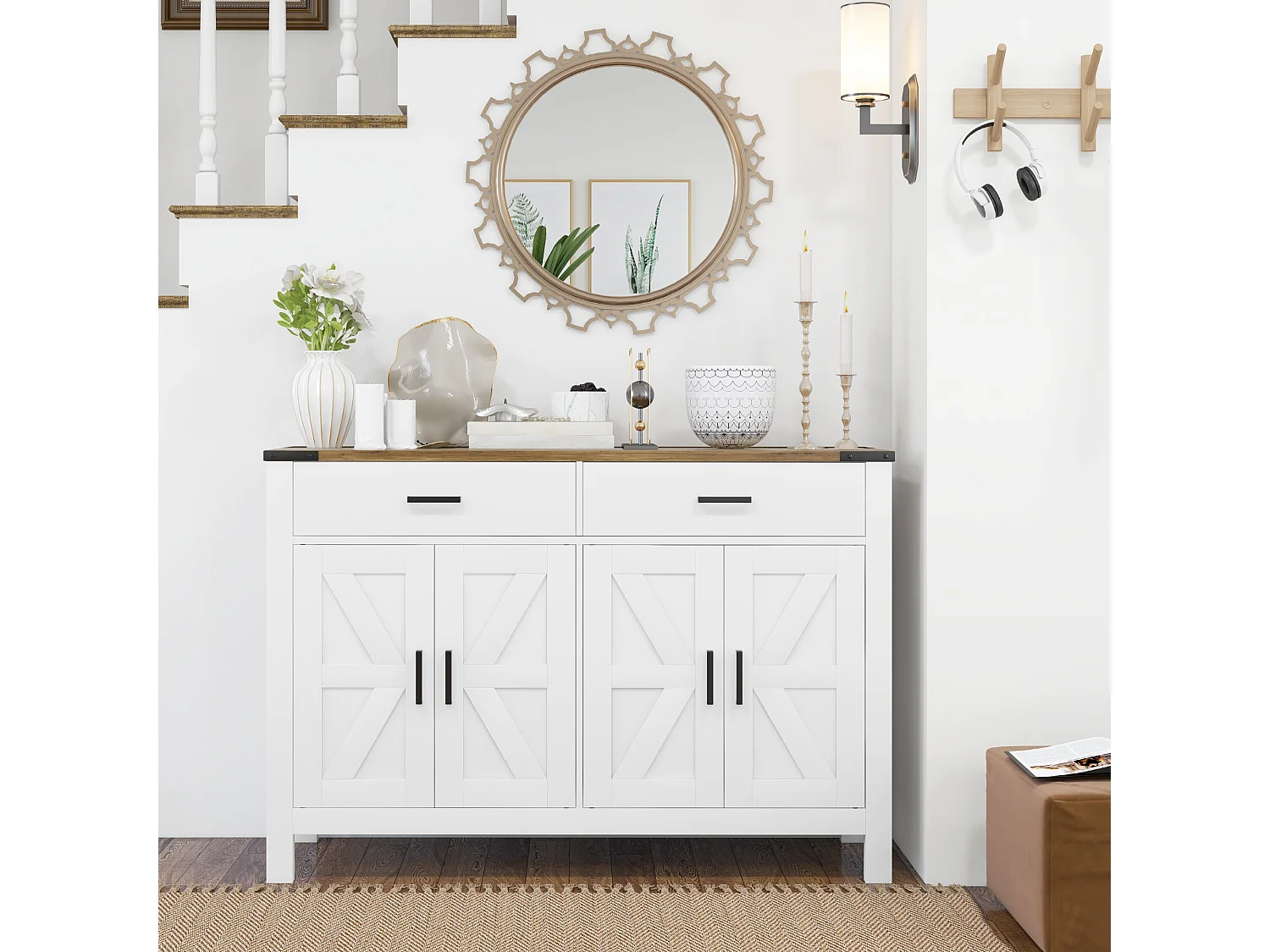 Buffet style rural chic 4 portes façades croisillons 2 étagères 2 tiroirs - dim.120 x 39,3 x 82,5 cm - métal noir effet bois blanc