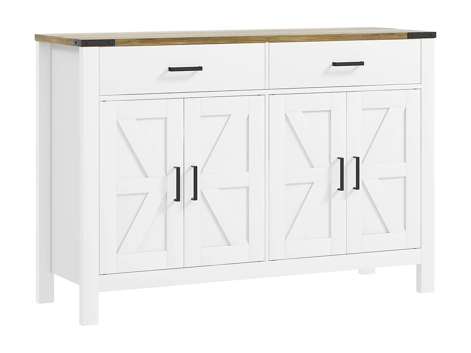 Buffet style rural chic 4 portes façades croisillons 2 étagères 2 tiroirs - dim.120 x 39,3 x 82,5 cm - métal noir effet bois blanc