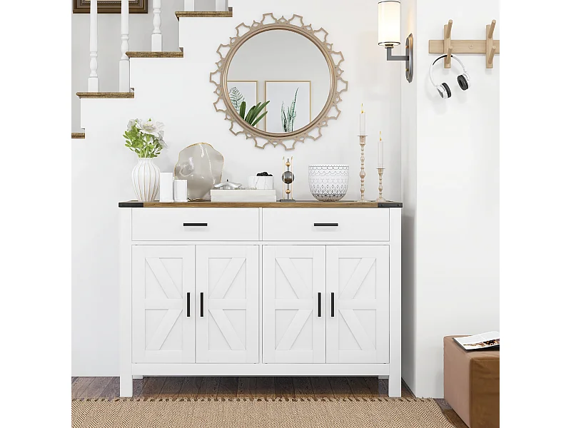 Buffet style rural chic 4 portes façades croisillons 2 étagères 2 tiroirs - dim.120 x 39,3 x 82,5 cm - métal noir effet bois blanc