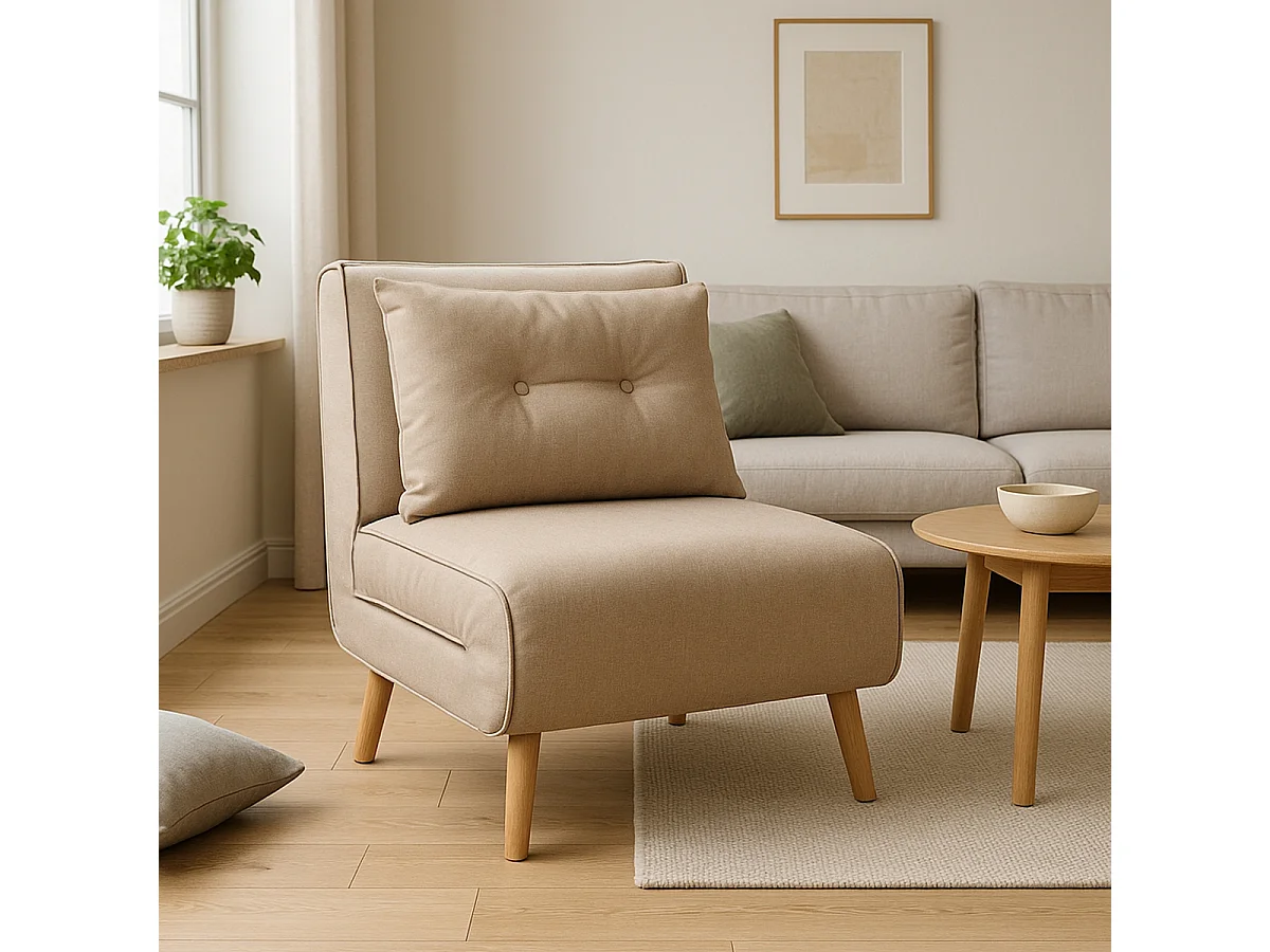 Poltrona letto pieghevole tessuto piedini in legno Miriam - Beige