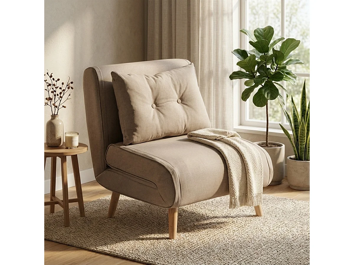 Fauteuil-lit pliant en tissu avec pieds en bois Miriam - Beige