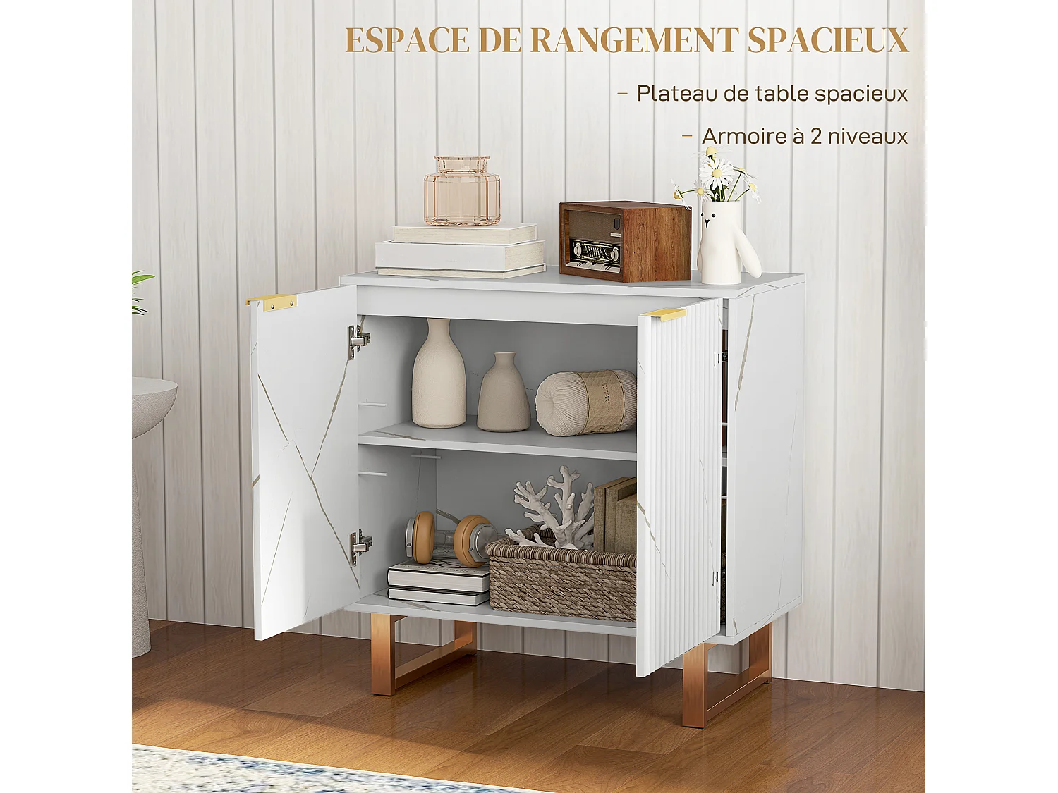 Buffet salon meuble de rangement style moderne avec placard à 2 portes, étagère réglable, pieds en métal - dim. 76,5 x 39 x 77 cm, blanc