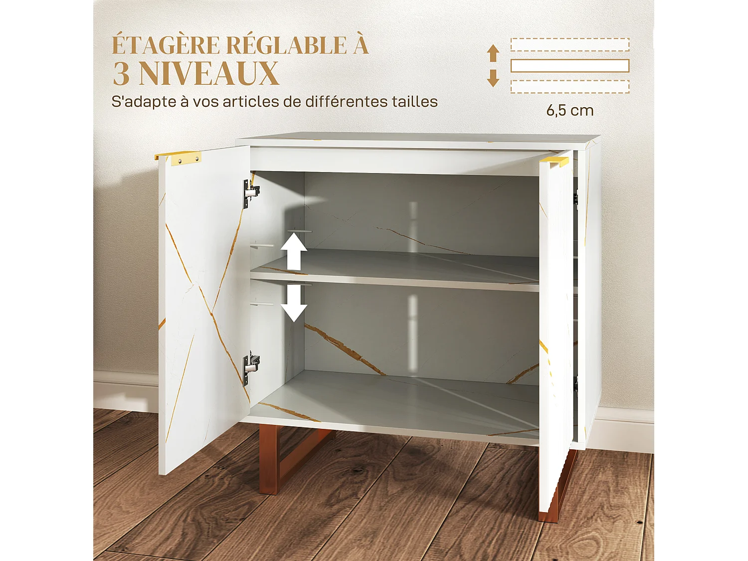 Buffet salon meuble de rangement style moderne avec placard à 2 portes, étagère réglable, pieds en métal - dim. 76,5 x 39 x 77 cm, blanc