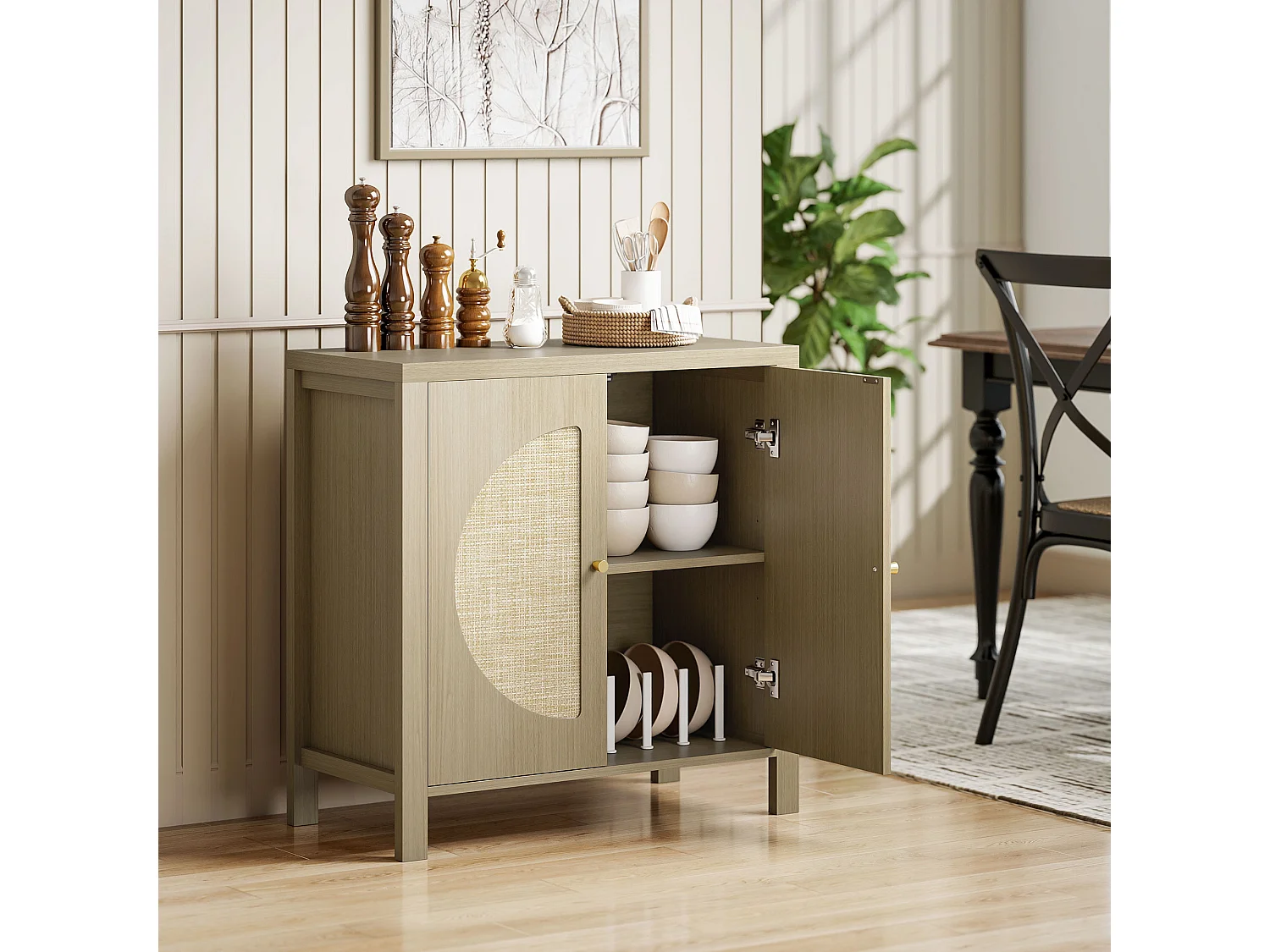 Rangement petit buffet 2 portes étagère style naturel rotin effet bois naturel taupe