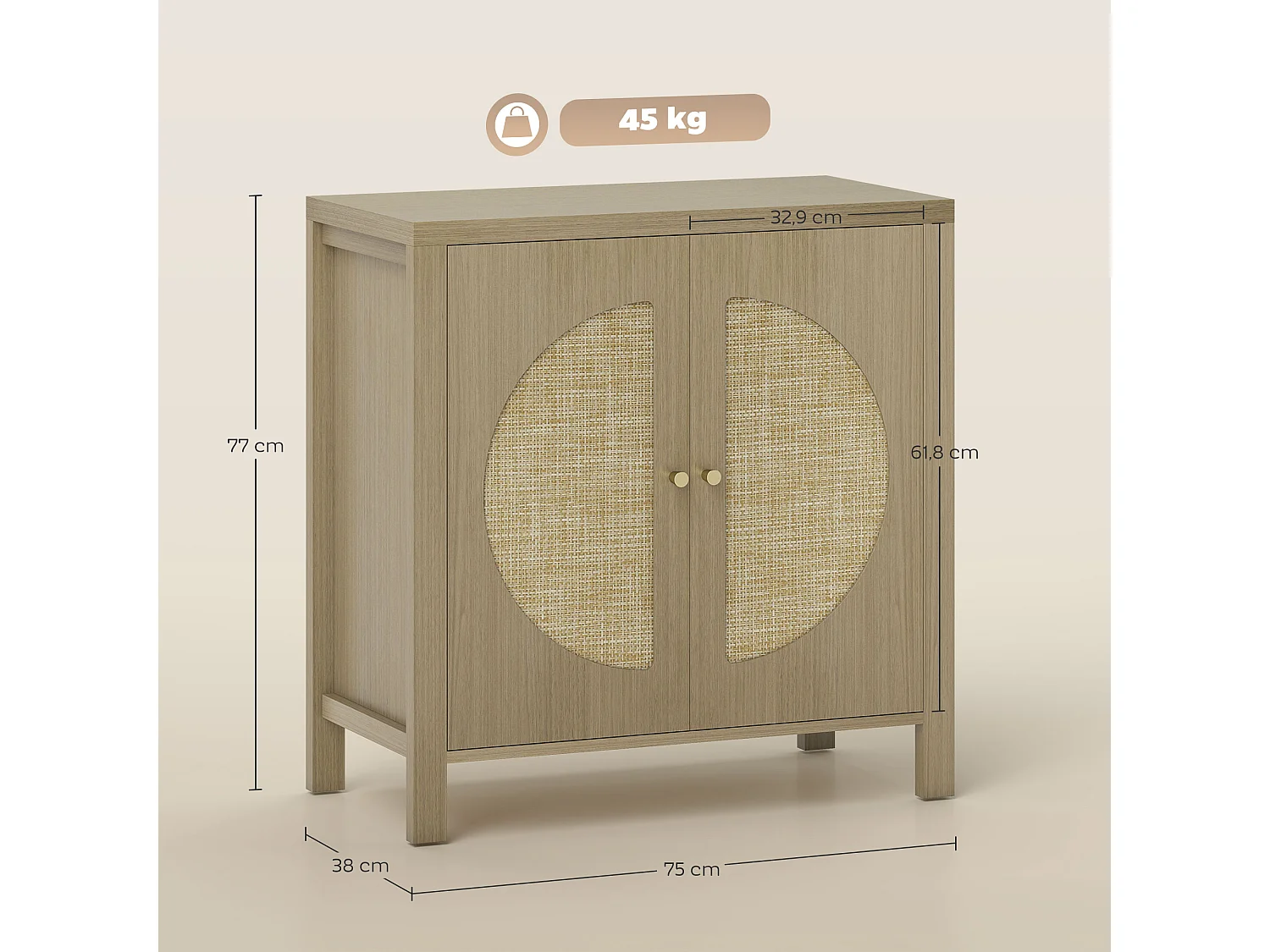 Rangement petit buffet 2 portes étagère style naturel rotin effet bois naturel taupe