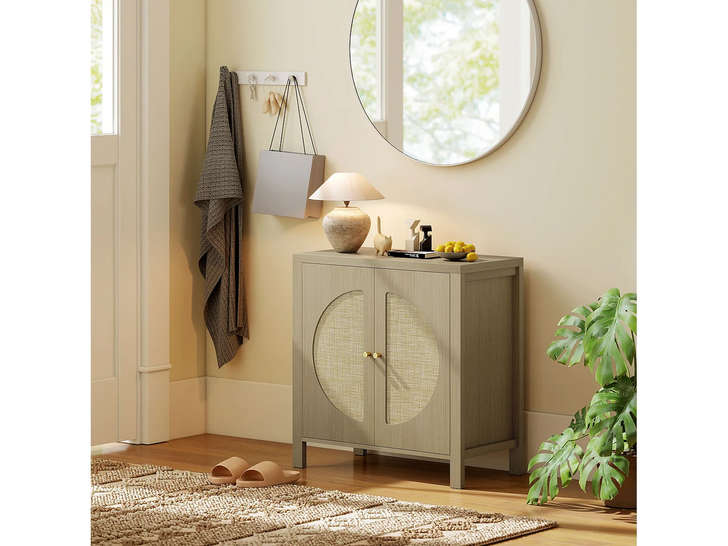 Rangement petit buffet 2 portes étagère style naturel rotin effet bois naturel taupe