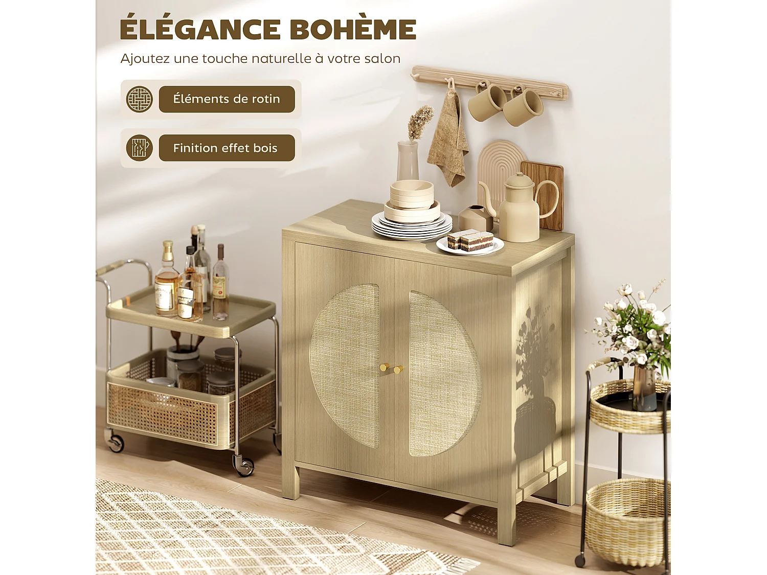 Rangement petit buffet 2 portes étagère style naturel rotin effet bois naturel taupe
