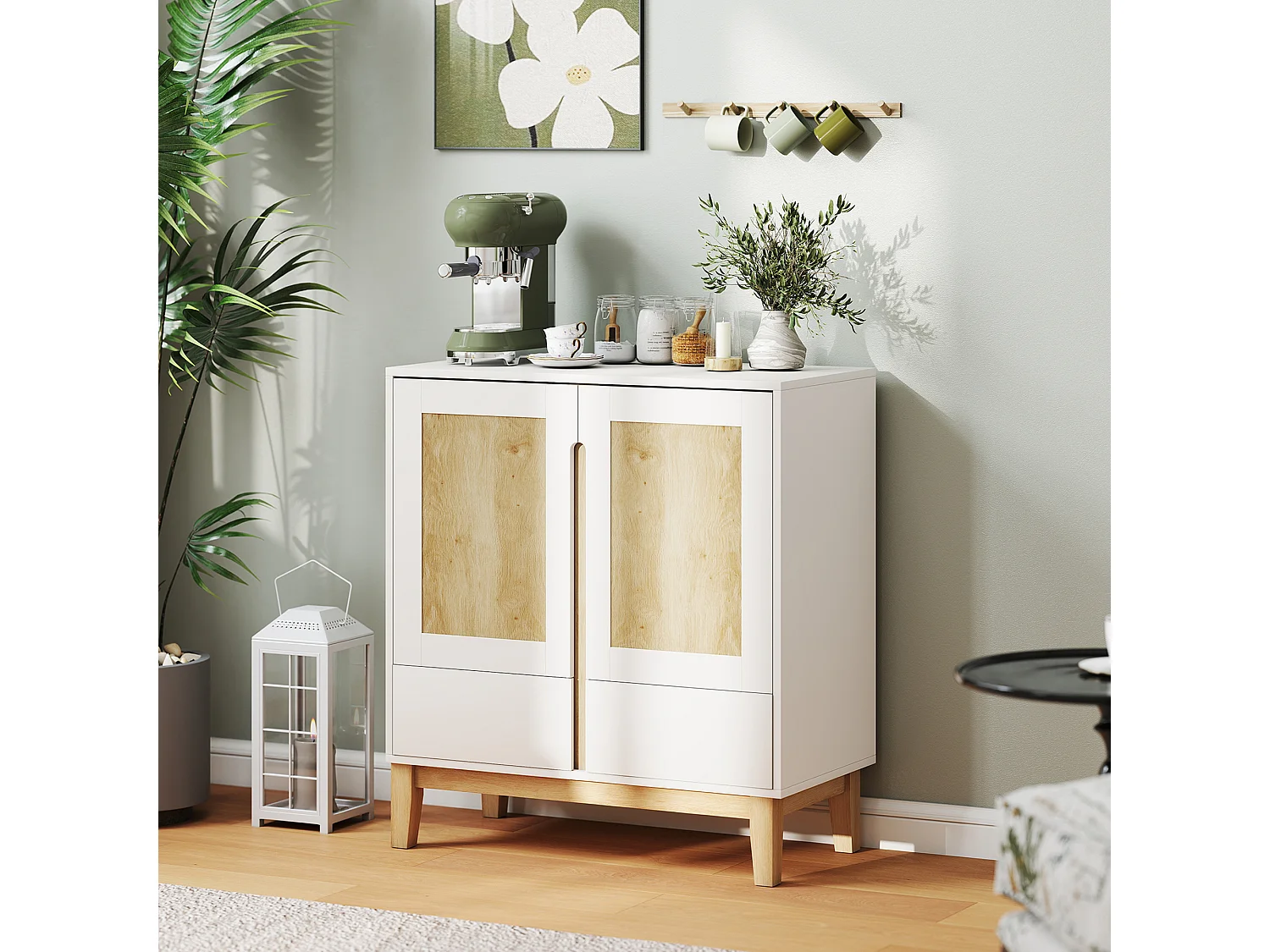 Buffet style nordique - 2 portes, étagère, 2 tiroirs - piètement bois banc effet bois clair