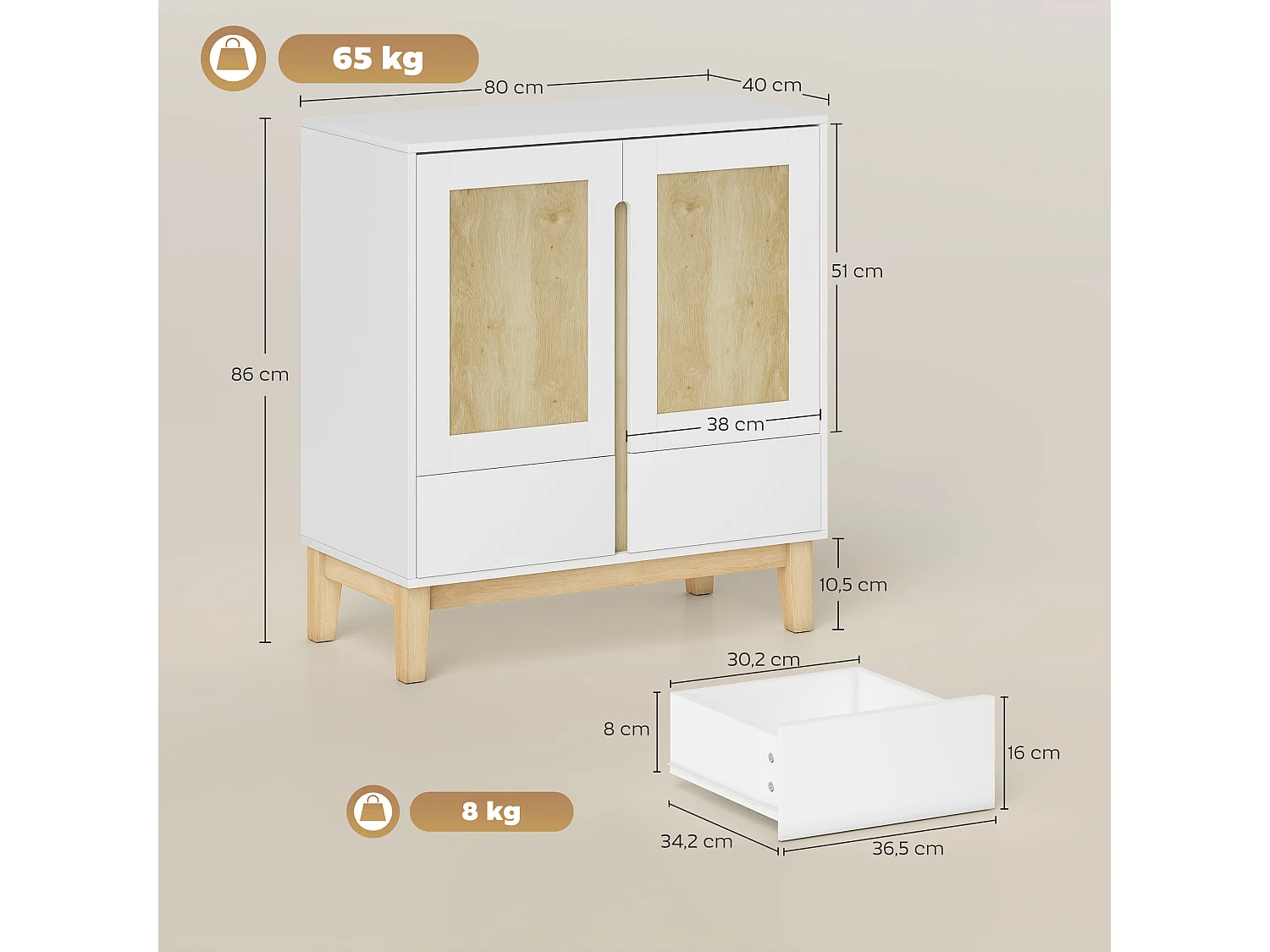 Buffet style nordique - 2 portes, étagère, 2 tiroirs - piètement bois banc effet bois clair