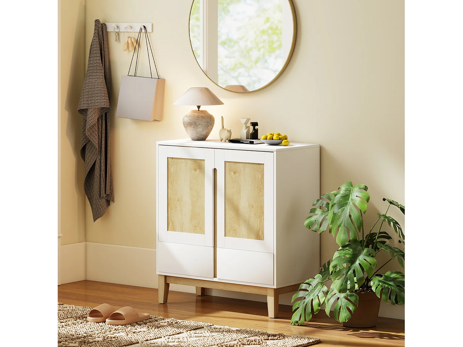 Buffet style nordique - 2 portes, étagère, 2 tiroirs - piètement bois banc effet bois clair