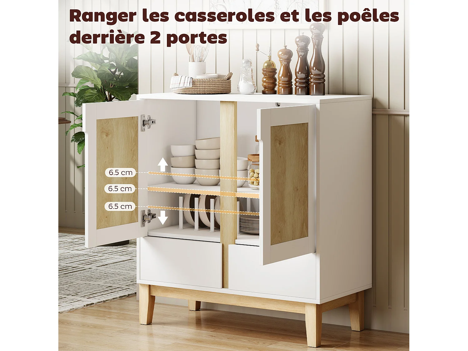 Buffet style nordique - 2 portes, étagère, 2 tiroirs - piètement bois banc effet bois clair