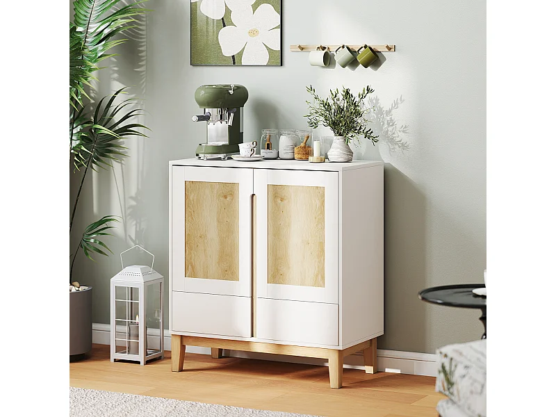 Buffet style nordique - 2 portes, étagère, 2 tiroirs - piètement bois banc effet bois clair