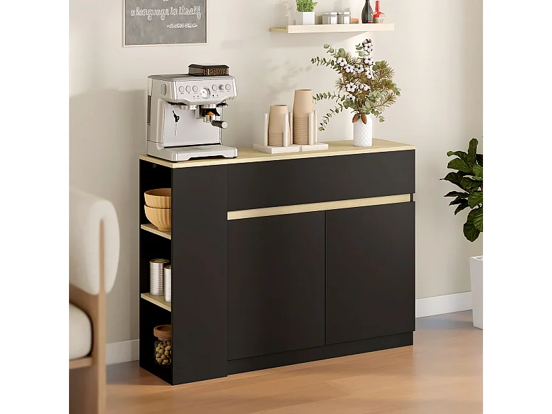 Buffet design bicolore noir effet chêne clair 2 portes étagère grand tiroir avec séparateur 3 niches