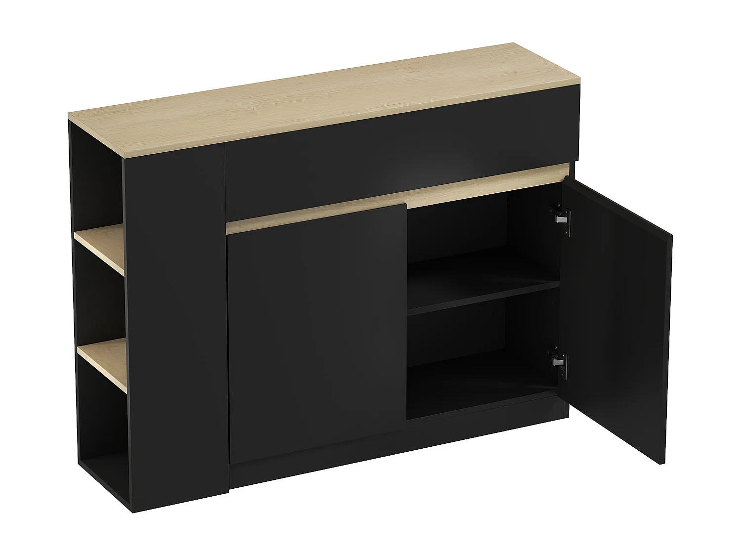 Buffet design bicolore noir effet chêne clair 2 portes étagère grand tiroir avec séparateur 3 niches