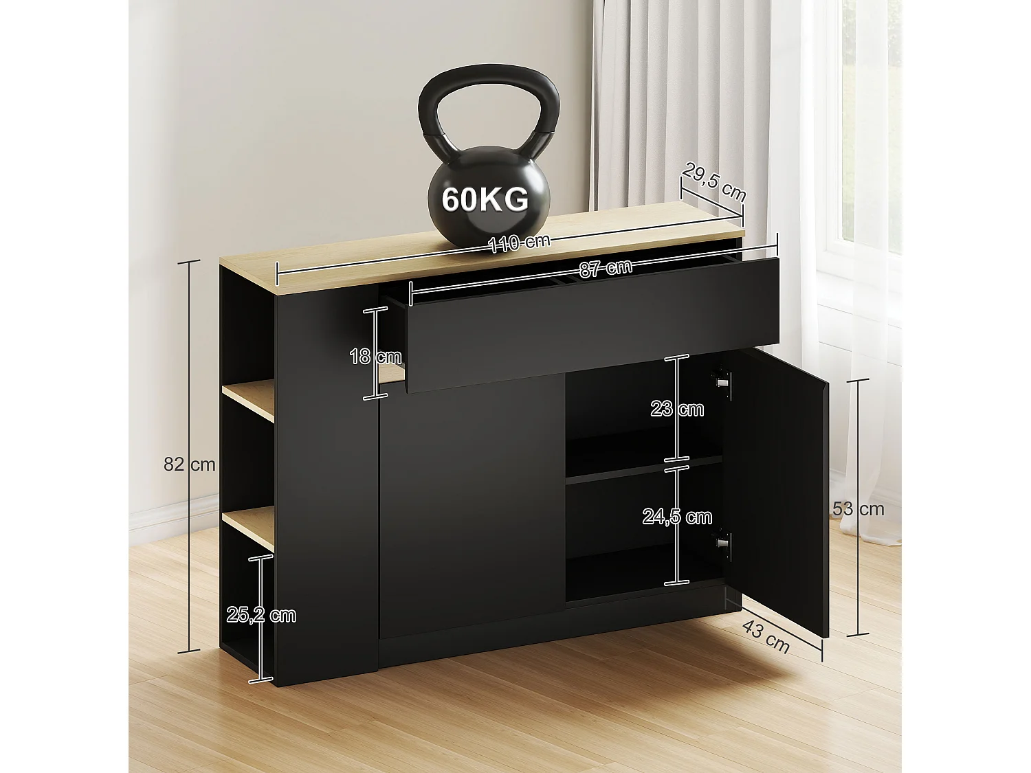 Buffet design bicolore noir effet chêne clair 2 portes étagère grand tiroir avec séparateur 3 niches