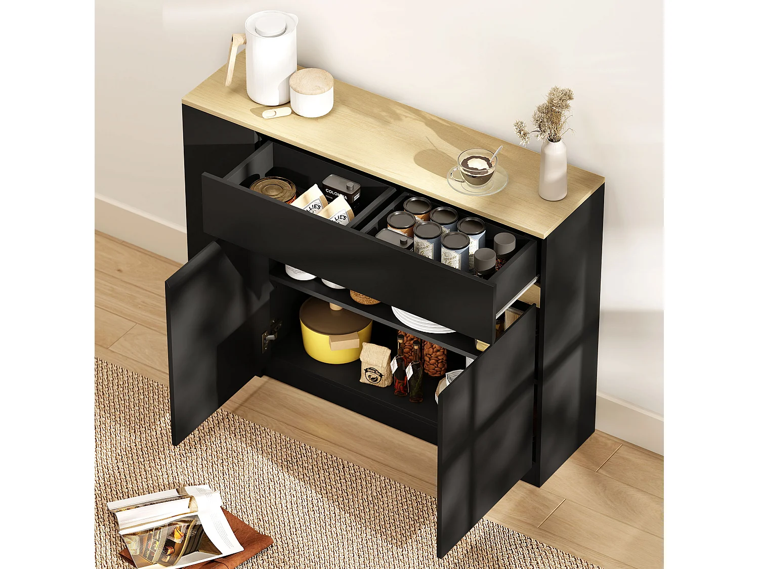 Buffet design bicolore noir effet chêne clair 2 portes étagère grand tiroir avec séparateur 3 niches