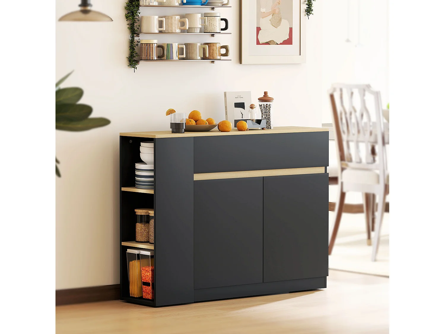 Buffet design bicolore noir effet chêne clair 2 portes étagère grand tiroir avec séparateur 3 niches