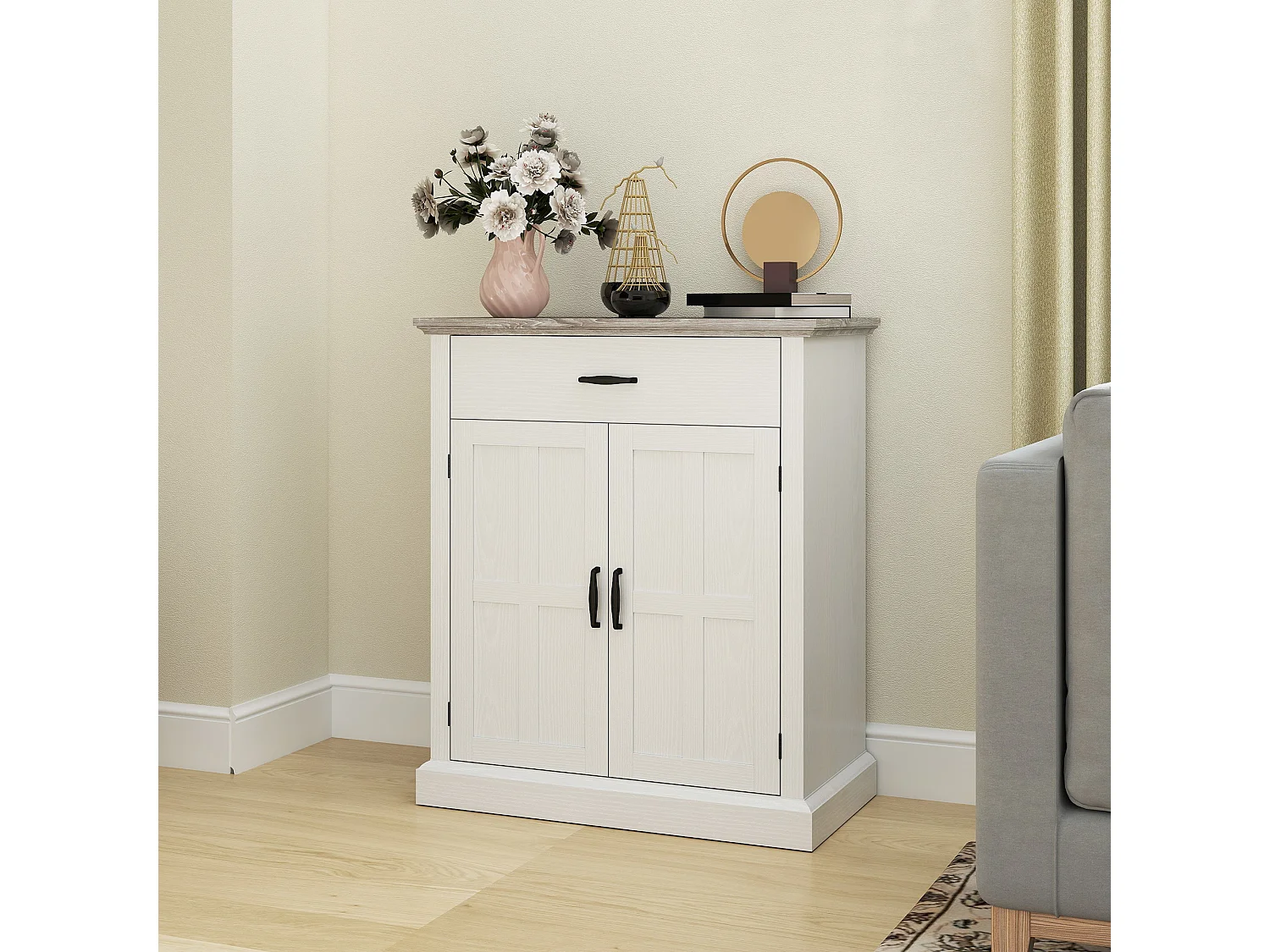 Buffet élément bas style classique chic - 2 portes, étagère, tiroir - dim. 75 x 40 x 91 cm - blanc effet bois clair