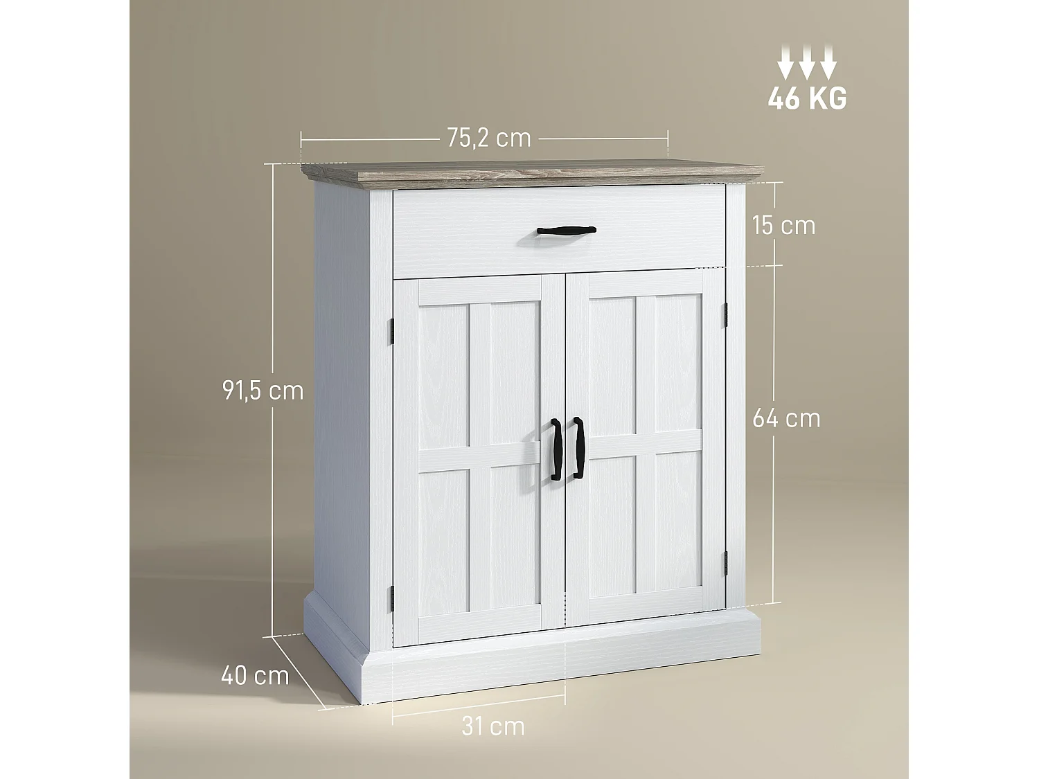 Buffet élément bas style classique chic - 2 portes, étagère, tiroir - dim. 75 x 40 x 91 cm - blanc effet bois clair