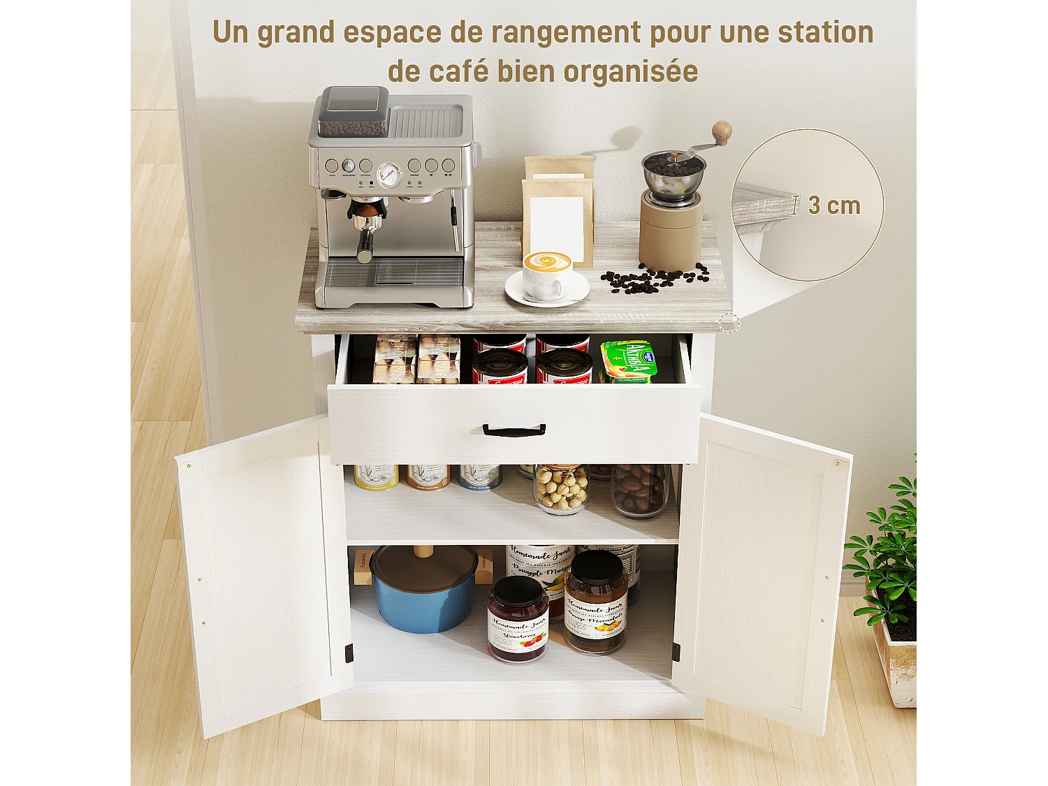 Buffet élément bas style classique chic - 2 portes, étagère, tiroir - dim. 75 x 40 x 91 cm - blanc effet bois clair