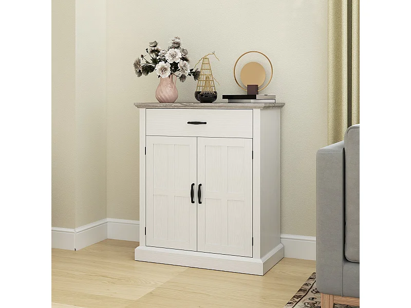 Buffet élément bas style classique chic - 2 portes, étagère, tiroir - dim. 75 x 40 x 91 cm - blanc effet bois clair