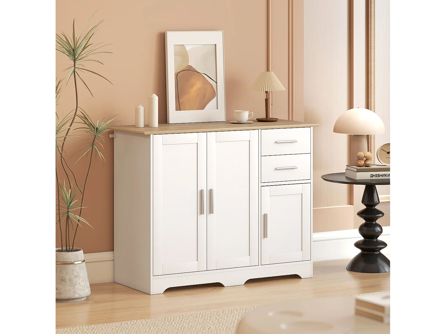 Buffet 3 portes 2 tiroirs étagère réglable dim. 100 x 40 x 78 cm blanc effet bois naturel