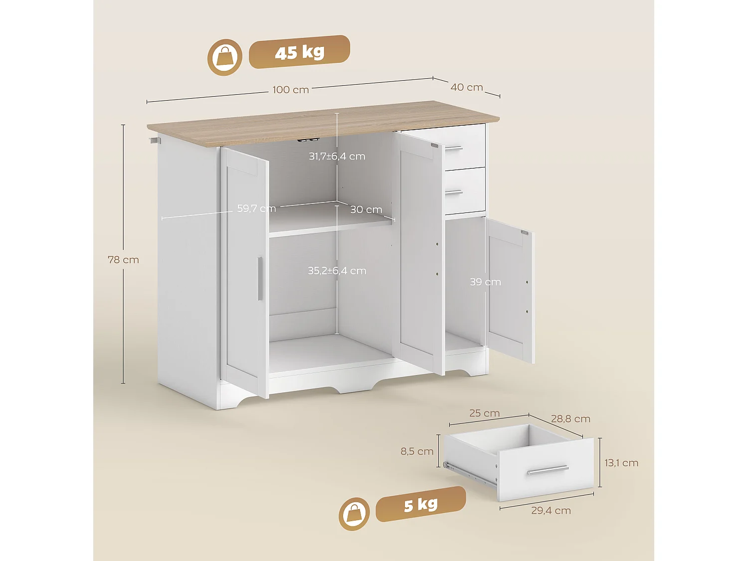 Buffet 3 portes 2 tiroirs étagère réglable dim. 100 x 40 x 78 cm blanc effet bois naturel