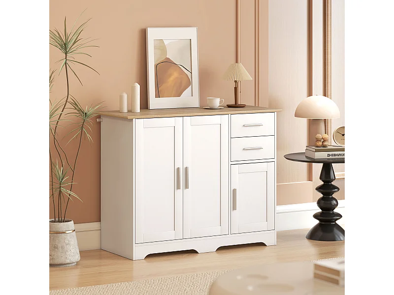 Buffet 3 portes 2 tiroirs étagère réglable dim. 100 x 40 x 78 cm blanc effet bois naturel