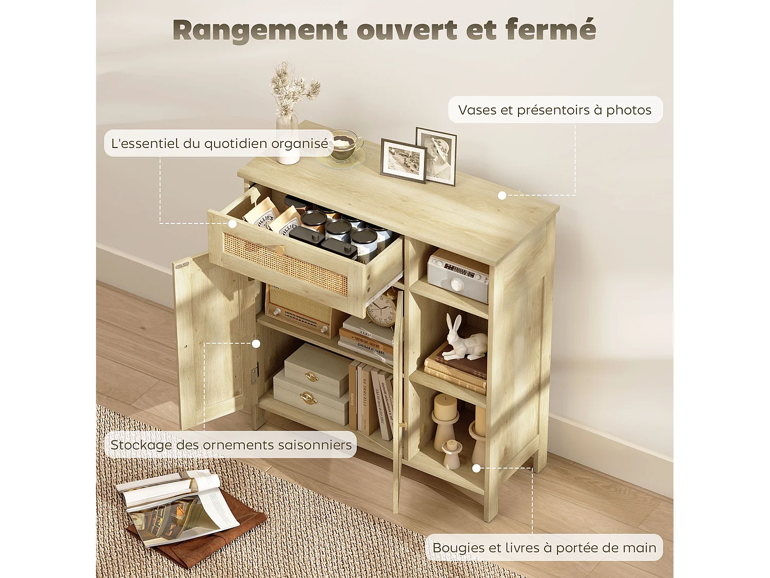 Buffet style bohème naturel - 2 portes, étagère, 3 niches, tiroir - rotin effet bois clair