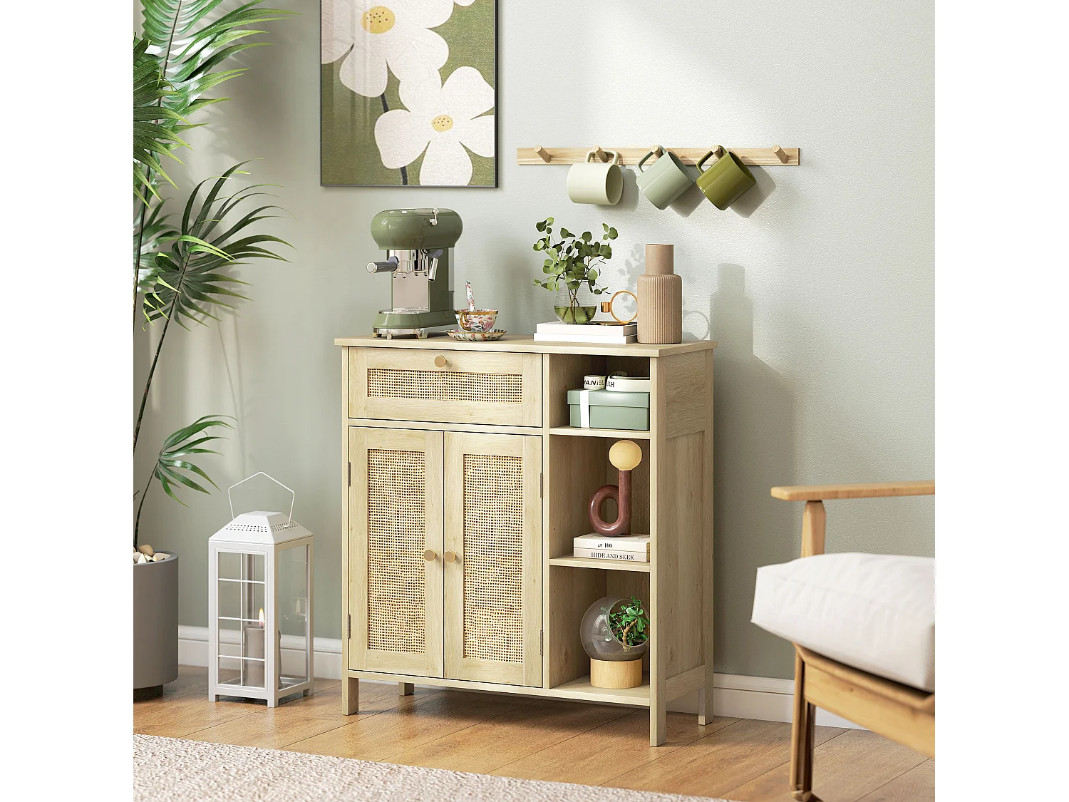 Buffet style bohème naturel - 2 portes, étagère, 3 niches, tiroir - rotin effet bois clair