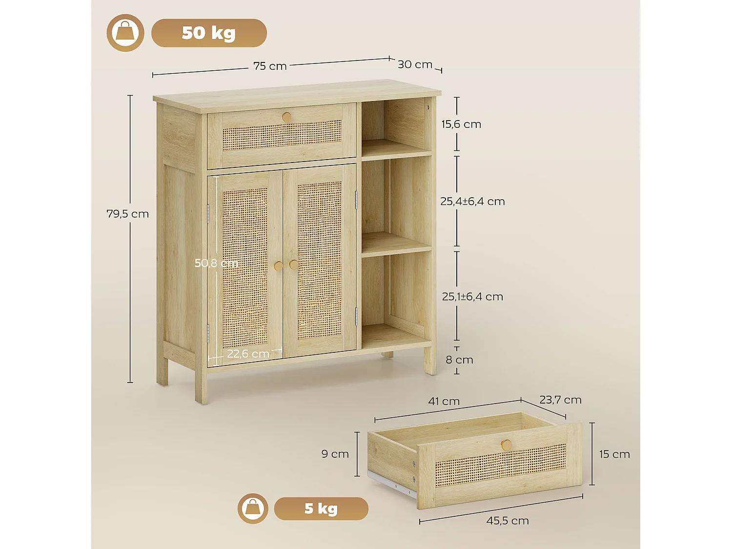 Buffet style bohème naturel - 2 portes, étagère, 3 niches, tiroir - rotin effet bois clair
